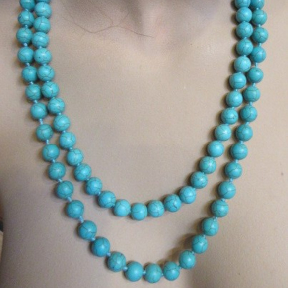 TURQUOISE BEAD NECKLACE HAND KNOTS - Picture 1 of 4